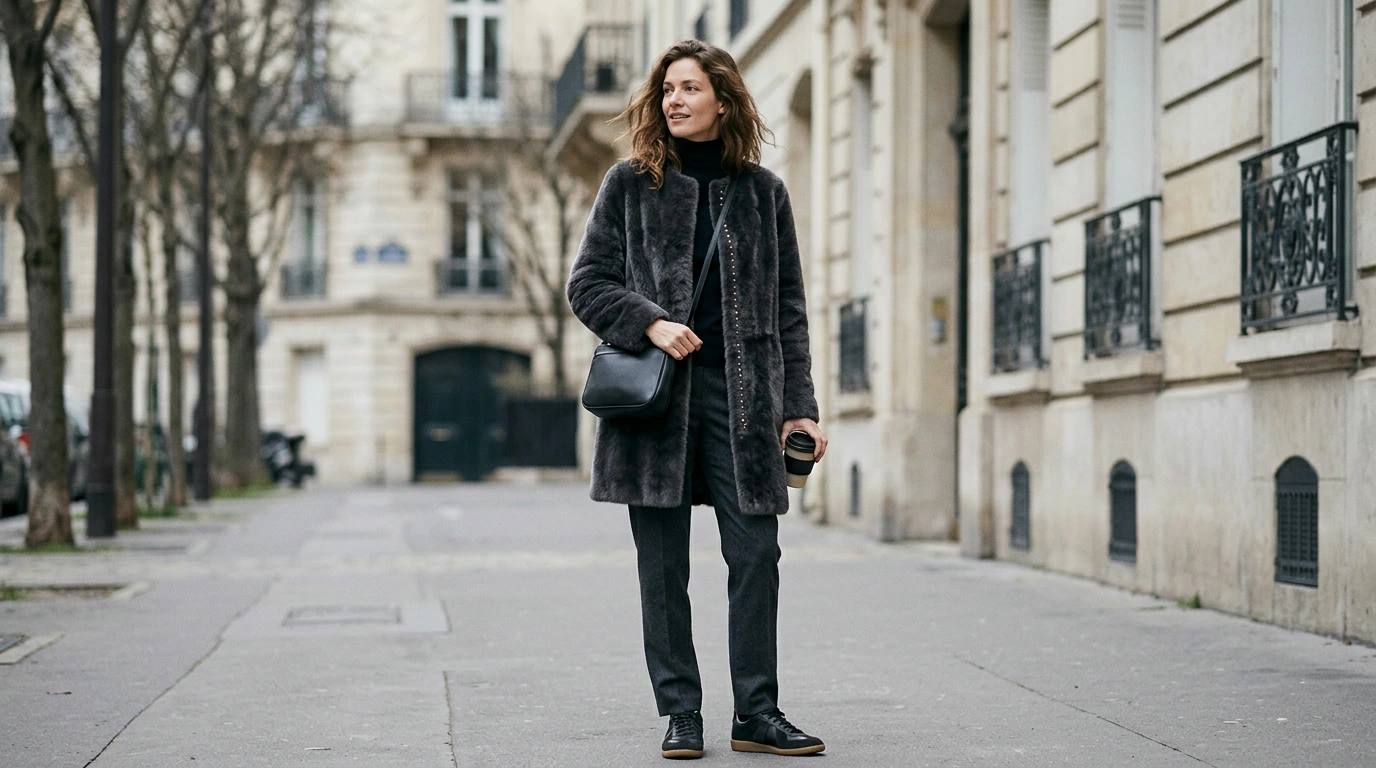 Crew Neck Fur Coat with Nail Drill Details: Winter Luxe