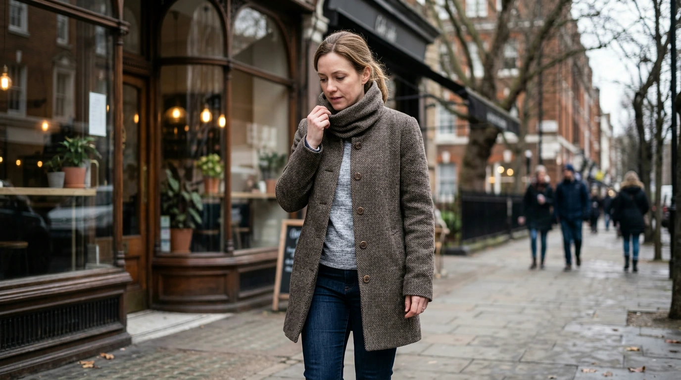 Reversible 100% Wool Tweed Coat with Cowl Neck