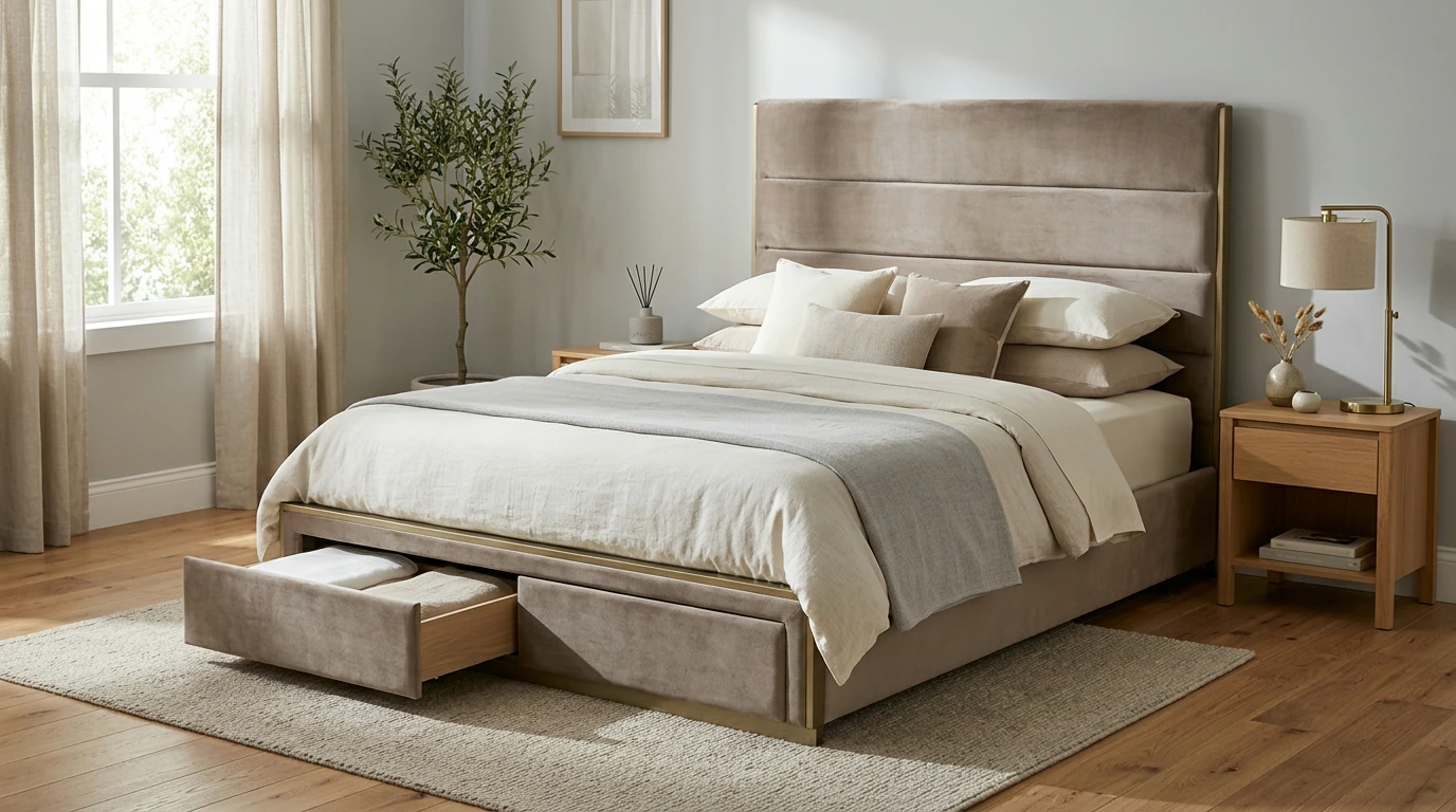 Velvet Queen Platform Bed With Gold Accents & Storage