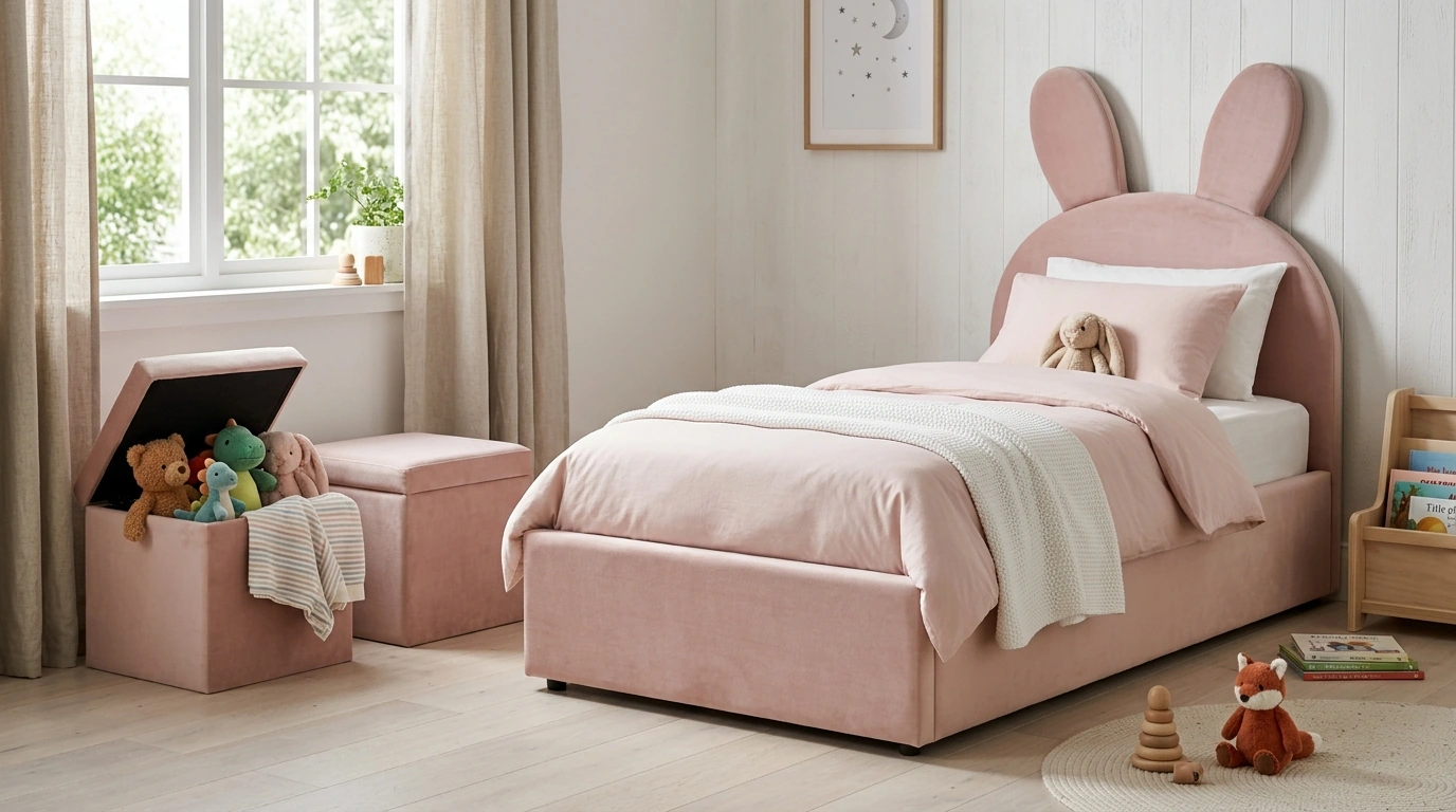 Velvet Rabbit Twin Bed Frame + Storage Stools for Kids