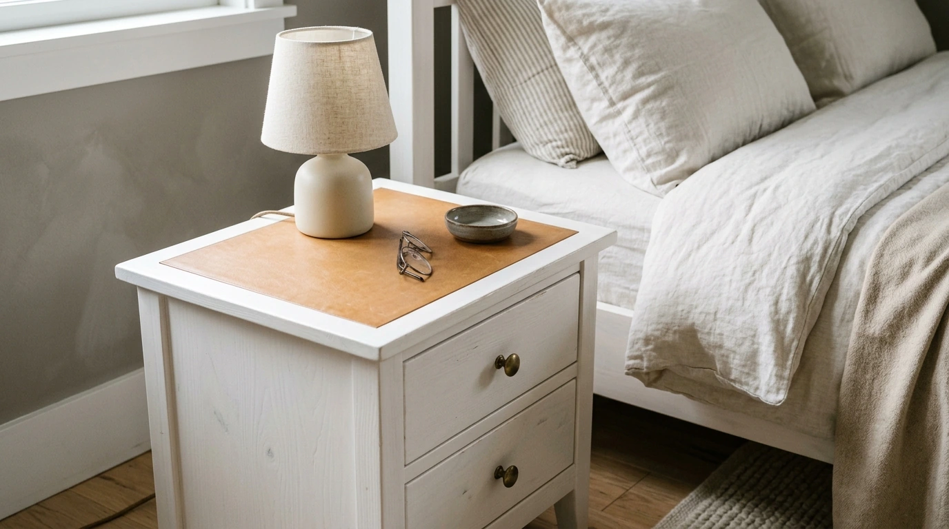 White Solid Wood Nightstand w/ Leather Top & Drawers